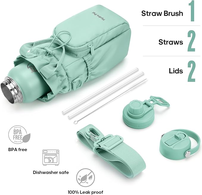 Insulated Water Bottles 32 oz with 2 Leak Proof Lids & Water Bottle Holder, Wide Mouth Sport Water Bottle with Straw, Reusable Stainless Steel Water Flask, Double Walled Vacuum Thermos