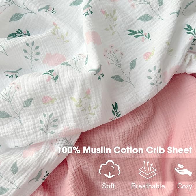 Muslin Crib Sheets, 2pk Neutral Fitted Baby Toddler Bed Sheets for Standard Crib Mattress & Toddler Bed Mattress, 28 x 52 inches, Pink Bunny