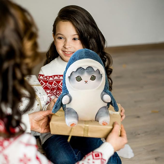 Kawaii Shark Cat Plush Toy Stuffed Animal Doll, Cute Soft Pillow Stress Release Hugs Toys Christmas Halloween Birthday Gifts for Kids Boys Girl Best Gift (Blue - Grey,9 inch)