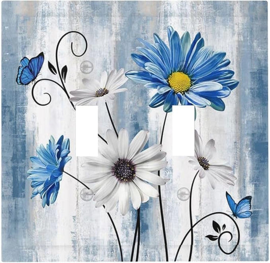Rustic Teal Blue Daisy Floral Double Toggle Light Switch Covers 2 Gang Wall Plate Dual Decorative Switchplate Electrical Faceplate for Country Bathroom Bedroom Kitchen Decor