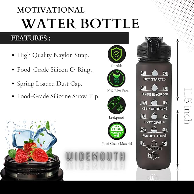 Leakproof Water Bottle with Straw & Lid - 32oz Motivational BPA Free Water Bottle with Time Markings & Straw Lid for Sports & Outdoors - Ensure Hydration with Leakproof Bottle and Straw