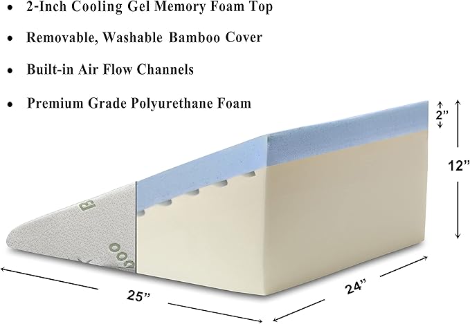 InteVision Foam Bed Wedge Pillow (25 x 24 x 12 inches) and Headrest Pillow in One Package - Helps Relief from Acid Reflux, Post Surgery, Snoring - 2 inches Memory Foam Top