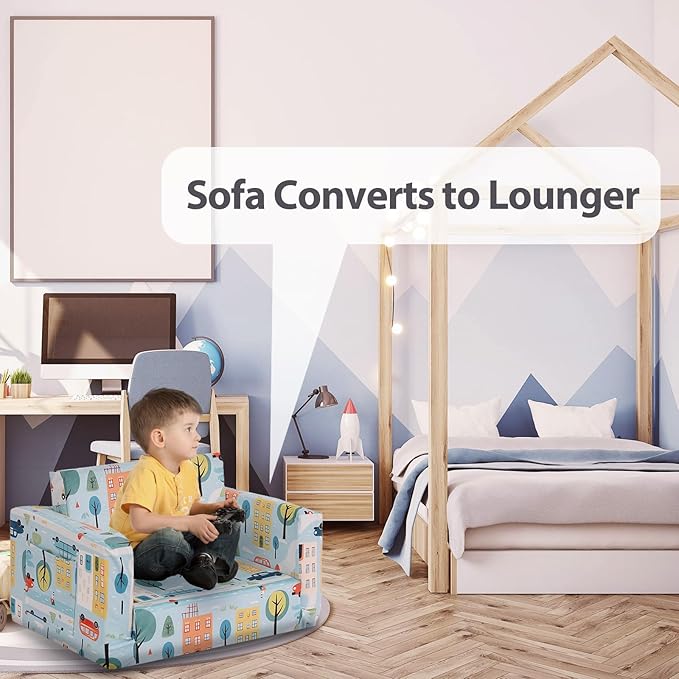 Tiita Kids Couch Fold Out, Toddler Sofa Bed Chairs, 2-in-1 Kids Couch Plush Chair, Folding Children Sofas to Lounger, Toddler Comfy Armrest Chair Bed Sofa for Girl or Boy, Car