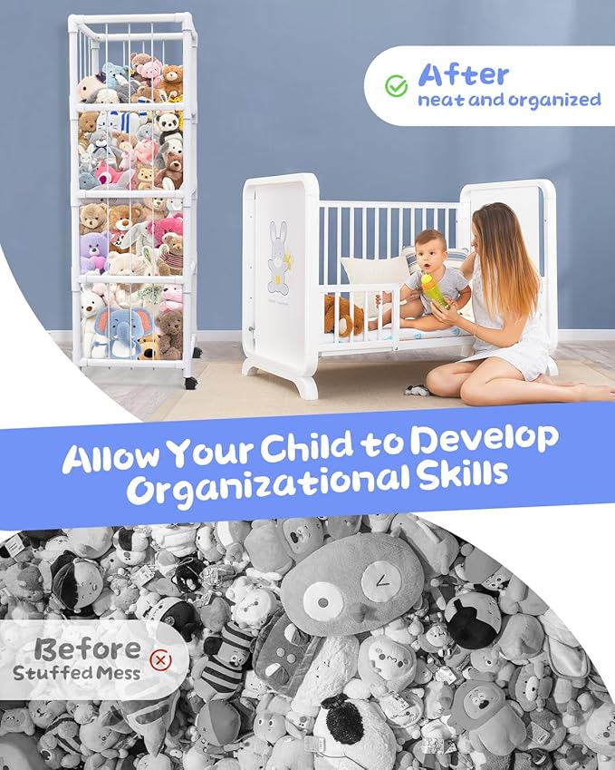 71" Extra Large Stuffed Animal Storage, Stuffed Animal Zoo Storage Cage, Premium PVC with Wheels Toy Storage Holder, Plush Toys Corner Organizer for Kids Playroom, Bedroom, Nursery