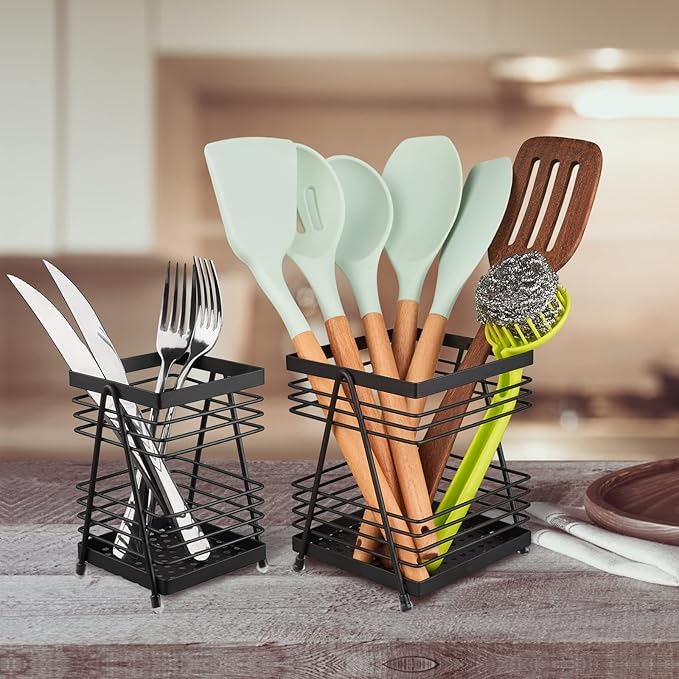 RedCall Utensil Holder for Kitchen Counter,Rectangular Matte Black Spoon Spatula Holder,Metal Steel Wire Cooking Utensil Crock Caddy Organizers,Elegant kitchen utensil holder for countertop (2 Pack)