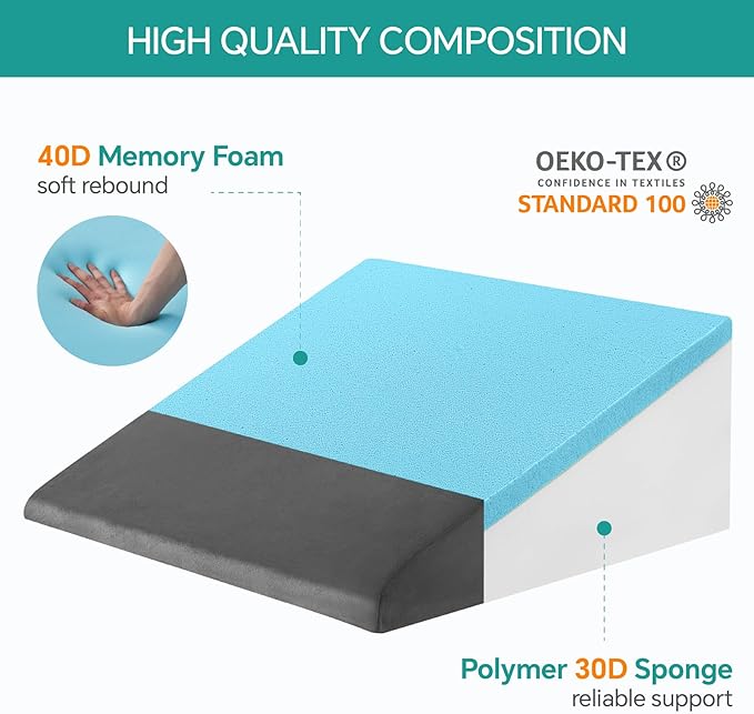 Bed Wedge Pillow for Sleeping, 10 Inch Memory Foam Wedge Pillow Post Surgery, Triangle Pillow Wedge, Elevated Support Pillows for Sleeping, Acid Reflux & Snoring - Removable Washable Cover