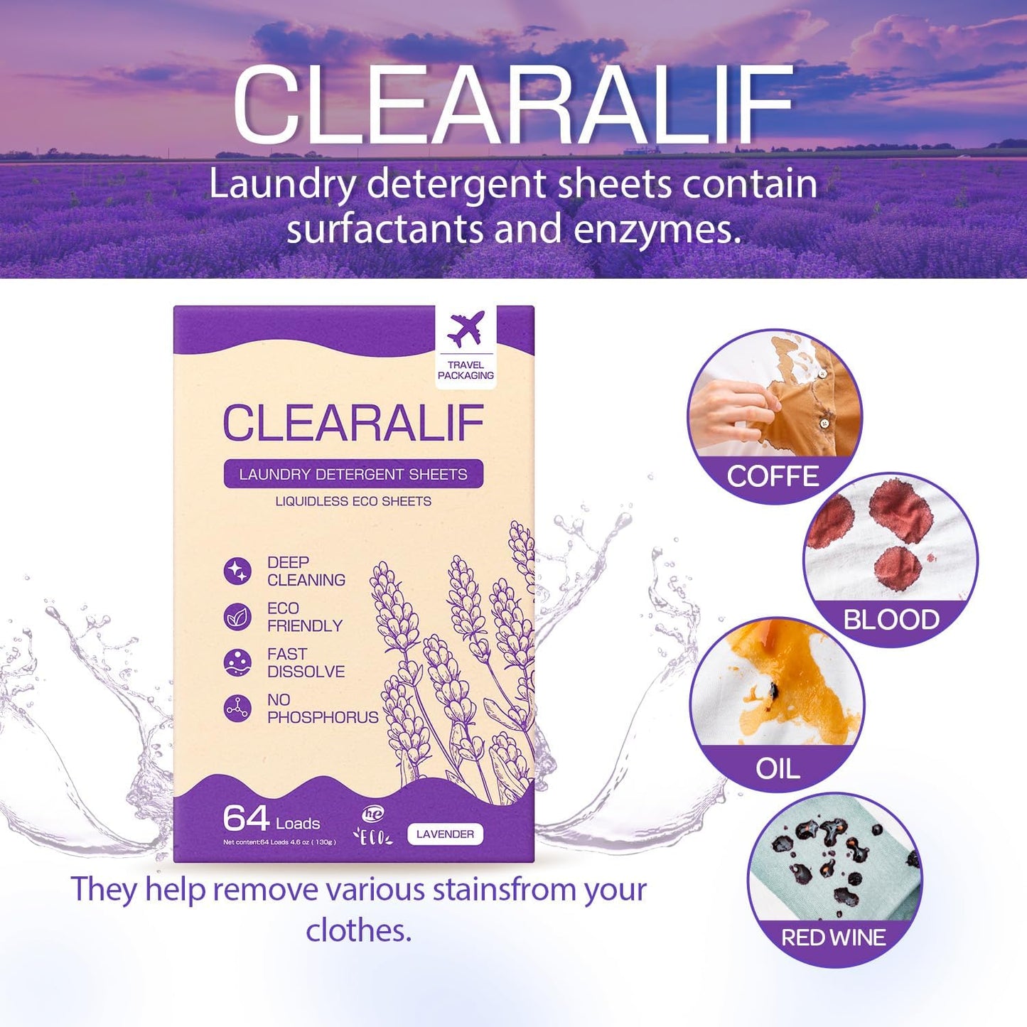 CLEARALIF Laundry Detergent Sheets, Lavender, 64 Load, CLEARALIF Laundry Detergent Strips Eco Friendly & Hypoallergenic