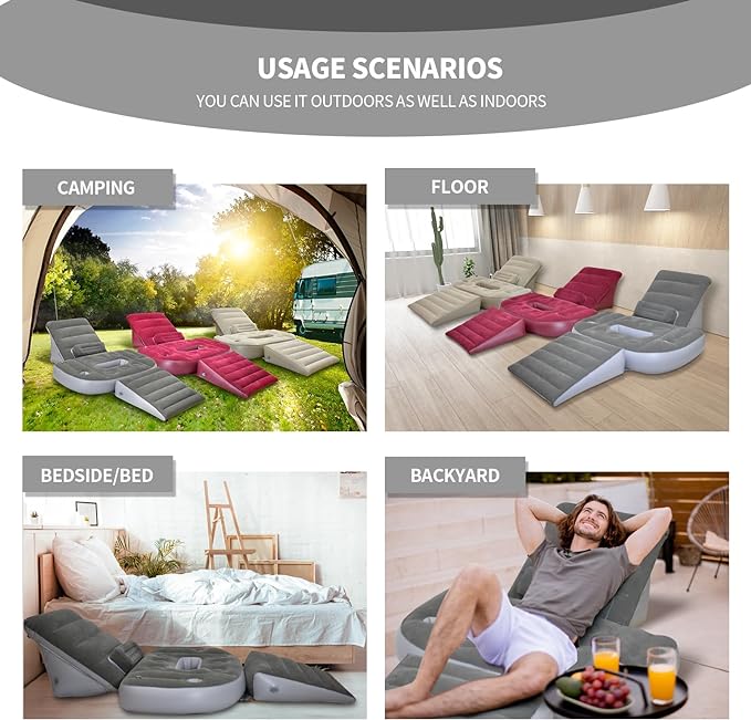 Nevife Inflatable 3pcs Bed Wedge Pillow Set with Hole-Reading Pillow&Back Support,Leg Pain Relief,Adjustable Pillows for Acid Reflux,GERD,Sleeping,Leg,Back Support-Restful Sleep and Travel (Gray)