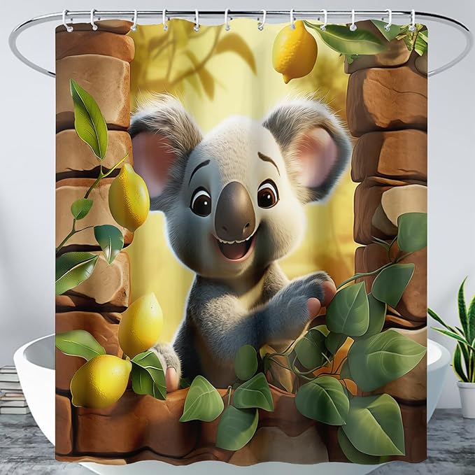 AILONEN Cartoon Koala Shower Curtain for Kids,Kawaii Lemon Koala Shower Curtain for Bathroom,Lovely Animals Shower Curtain Set with Hooks,72" W*84" H