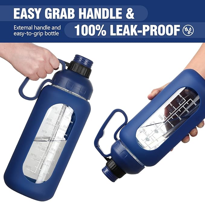 MUKOKO 64oz Glass Water Bottles with Straw, Half Gallon Water Bottle with Time Marker, Motivational Water Bottle with Silicone Sleeves,Large Glass Water Bottle for Gym,Working,Outdoor,Klein