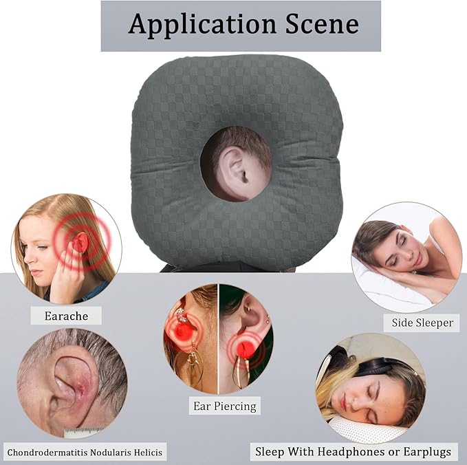 Ear Piercing Pillow for Side Sleepers, Pillow with an Ear Hole for CNH and Ear Pain Ear Inflammation Pressure Sores, O-Shaped Side Sleeping Pillow, Ear Guard Pillow (Dark Gray)