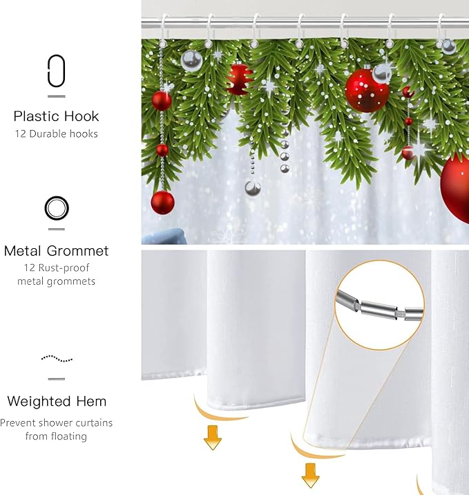 Funny Christmas Shower Curtain for Bathroom Snowman Snowflake Red Christmas Ball Winter Holiday Kids Bathroom Curtain with Hook,72x72 Inch