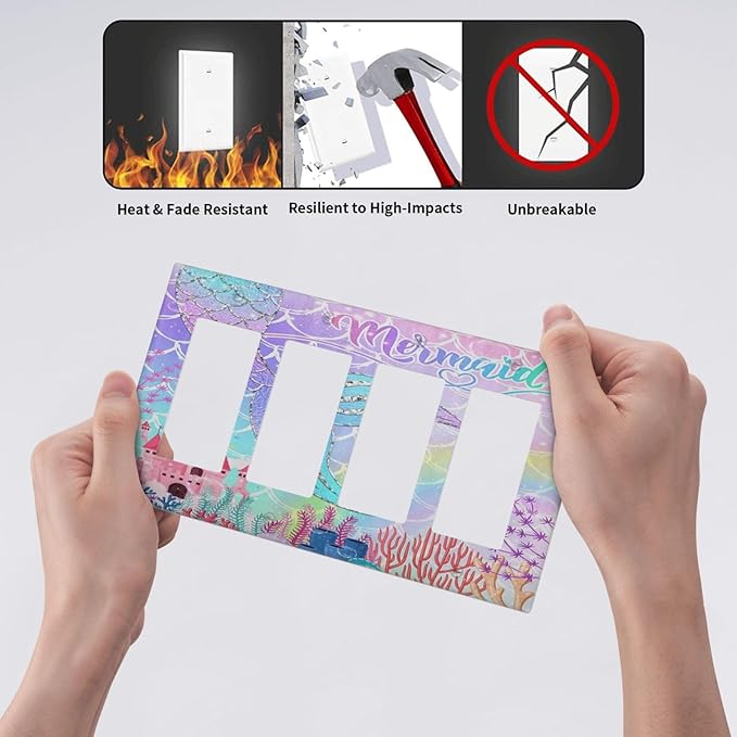 Silvery Glitter Cute Mermaid Tail Fantasy Castle 4 Gang Rocker Decora Light Switch Cover Outlet Covers Wall Plate Decorative Switchplate Electrical Faceplate GFCI for Kidroom Nursery Bedroom Decor