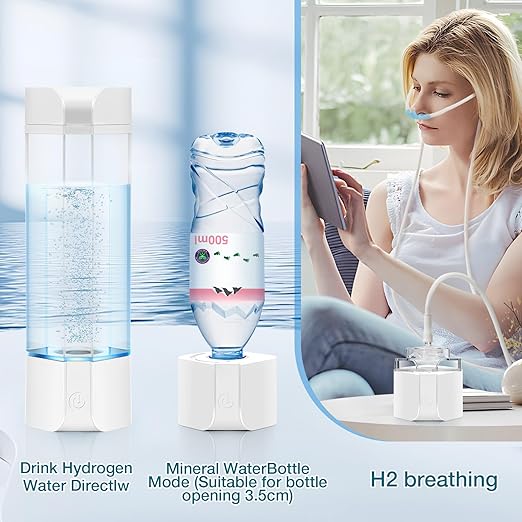 Hydrogen Water Bottle Generator with Gas Inhaler Molecular H2 Maker Machine SPE/PEM Technology Generates Real 3000ppb Pure Hydrogen Concentration Dupont Membrane Purification Vent (White)