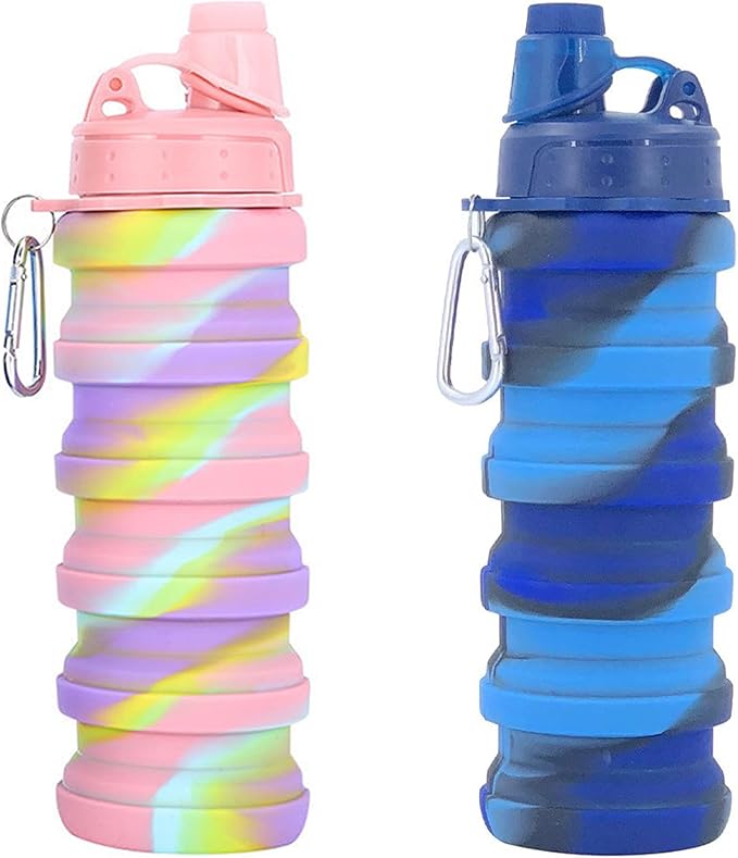 Collapsible Water Bottles Two Pack Travel Sports Portable Sport Water Bottle comes with mountaineering Buckle 500ml silicone Water-proof camping water bottle (Blue camouflage+Pink camouflage)