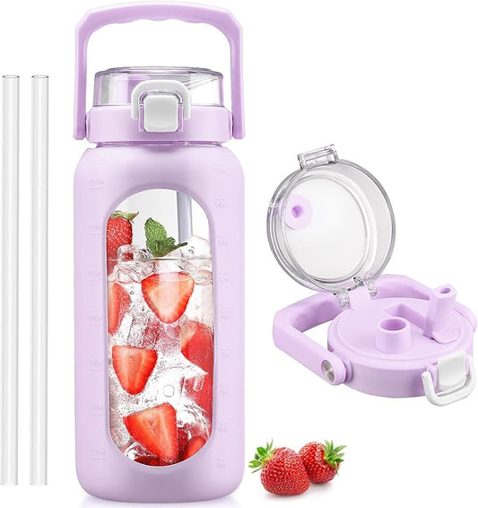 BLUEGO 64oz Glass Water Bottle with Handle and Straw, Motivational Sports Water Bottle with Time Marker and Silicone Sleeve Leakproof Drinking Bottle for Travel Gym Workout, Purple