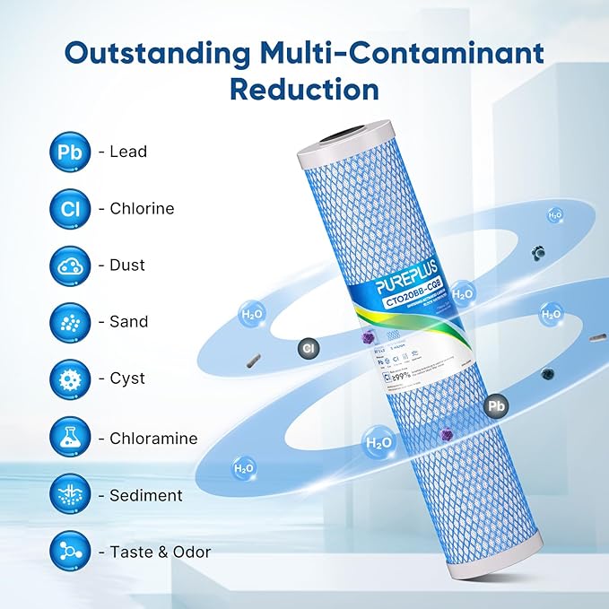 PUREPLUS 5 Micron 20" x 4.5" Whole House Lead Removal Water Filter, Enhanced Coconut Shell Activated Carbon Water Filter, Replacement Cartridge, CTO20BB-CQB, 2 PACK