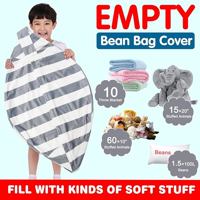Lukeight Stuffed Animal Storage Bean Bag Chair Cover for Kids, Zipper Beanbag Chair Cover for Organizing Toddler and Kids' Rooms Plush Toys (Gray+White Velvet, Large)