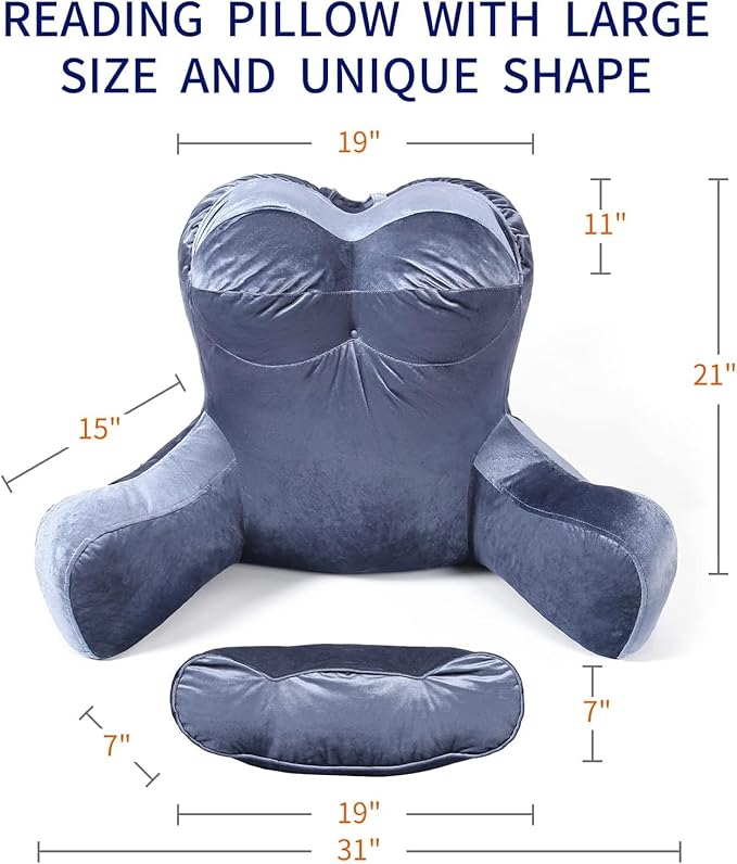 Reading Pillow Adults 31’’, Backrest Pillow with Arms for Sitting in Bed Couch Shredded Memory Foam, Back Pillow with Leg Pillow and Pockets for Reading/Gaming/Relaxing