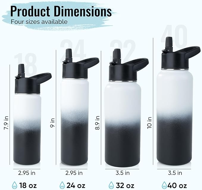 Stainless Steel Water bottle with Straw & Wide Mouth Lid, Wide Rotating Handle, 32oz Double Wall Vacuum Insulated Water Bottle Leak Proof, BPA Free, Keep Cold and Hot, 32oz, White Gradient