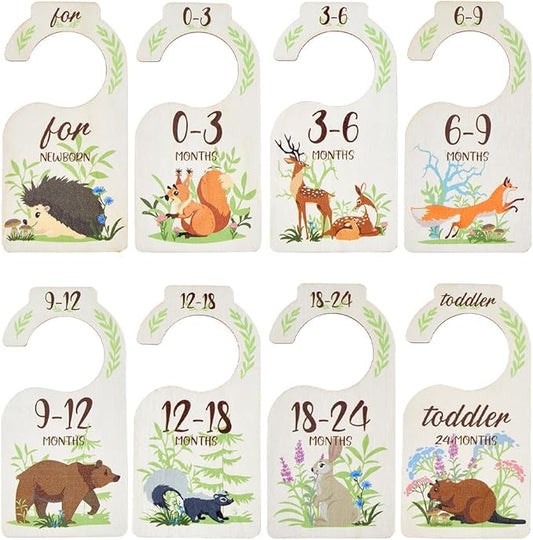 CRASPIRE 8Pcs Wooden Baby Wardrobe Dividers Animal Theme Nursery Decor from Newborn to 24 Month Hanger Seperaters Baby Closet Organizers Nursery Infant Wardrobe Hangers Divider for Newborn Shower