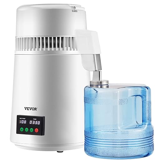 VEVOR 1.1Gal Water Distiller, 0.3Gal/H, Distilled Water Maker Machine 750W 0-99H Timing Set Temp Display, 304 Stainless Steel Countertop Distiller Plastic Carafe Cleaning Powder 3 Carbon Packs, White