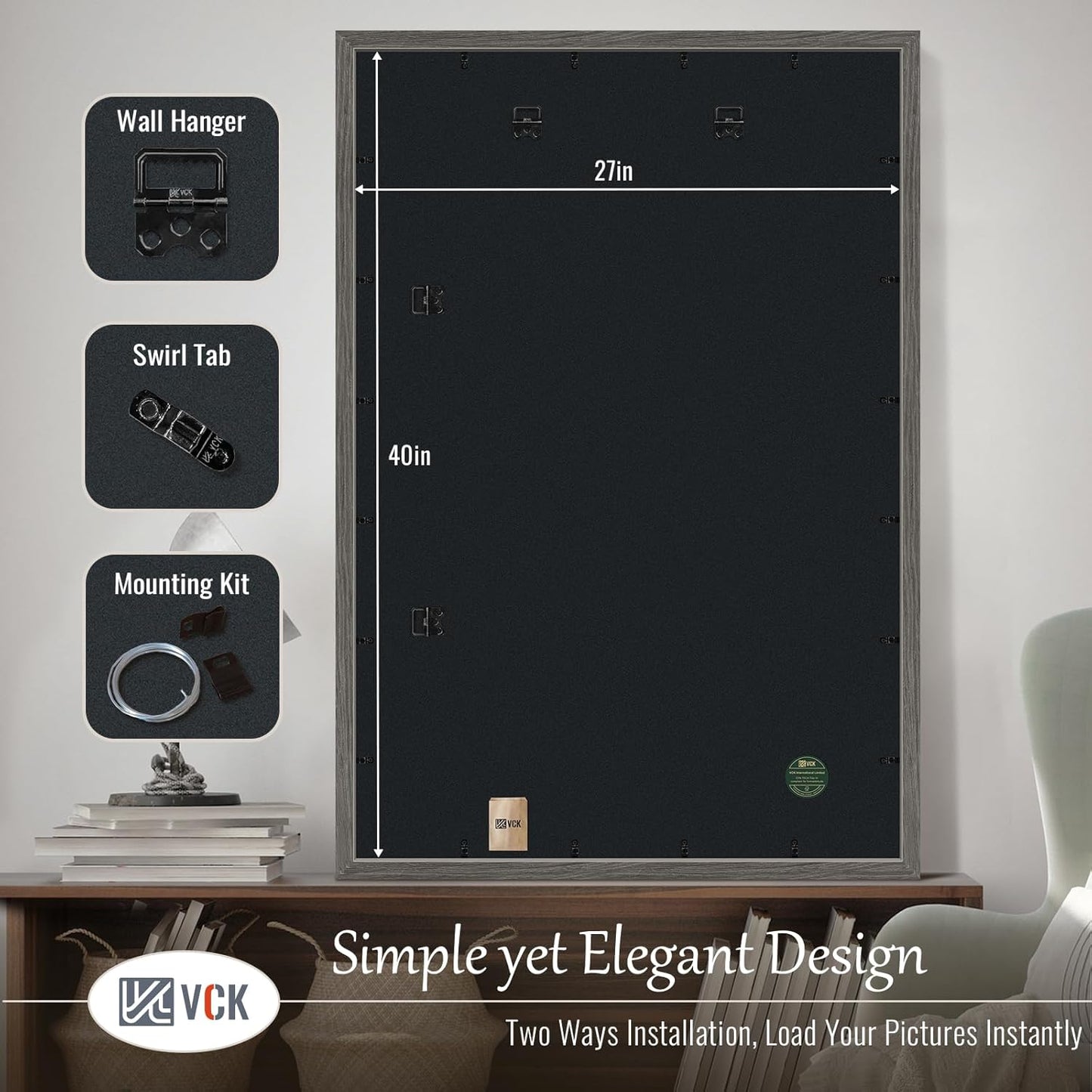 VCK 27x40 Poster Frame Set of 3, Gray Solid Wood Picture Frame, Exclusive Wood Grain, Wall Mounting Hanging