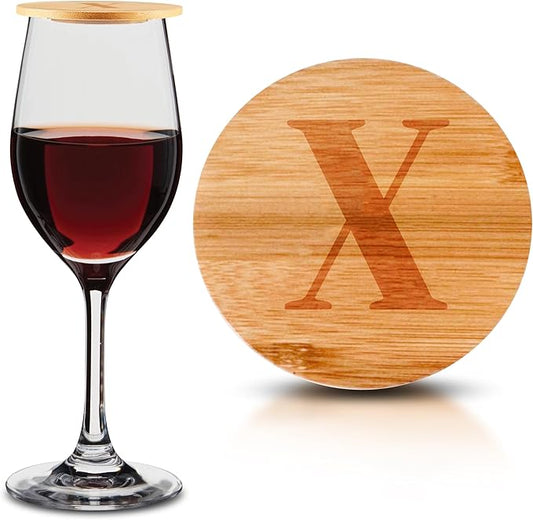 Personalized Wine Glass Charcuterie Topper - Custom Laser Engraved Initial Bamboo Wine Glass Topper Stopper Coasters Plate ID Identification Wine Glass Charcuterie Board Topper (Letter X)