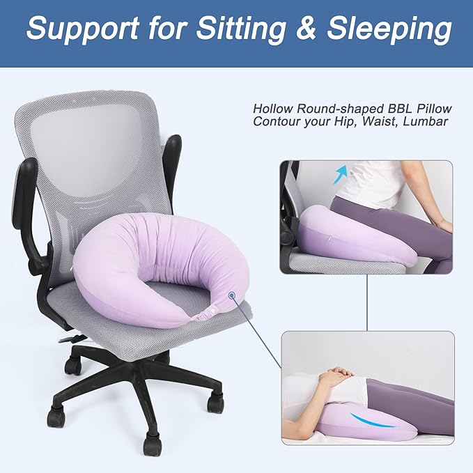 BBL Pillow After Surgery, BBL Pillow for Sitting Sleeping Driving, Hemorrhoid Pillow Seat Support Cushio for Butt with Hole, Butt Donut Pillow for Woman,Lavender