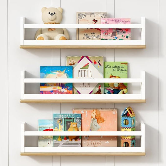 Nursery Wall Bookshelf for Kids Room Set of 3, 24 Inch Floating Book Shelves for Baby Boys Girls Bedroom, Large Wood Mounted Hanging Bookshelves for Toddlers Childs (White and Natural)