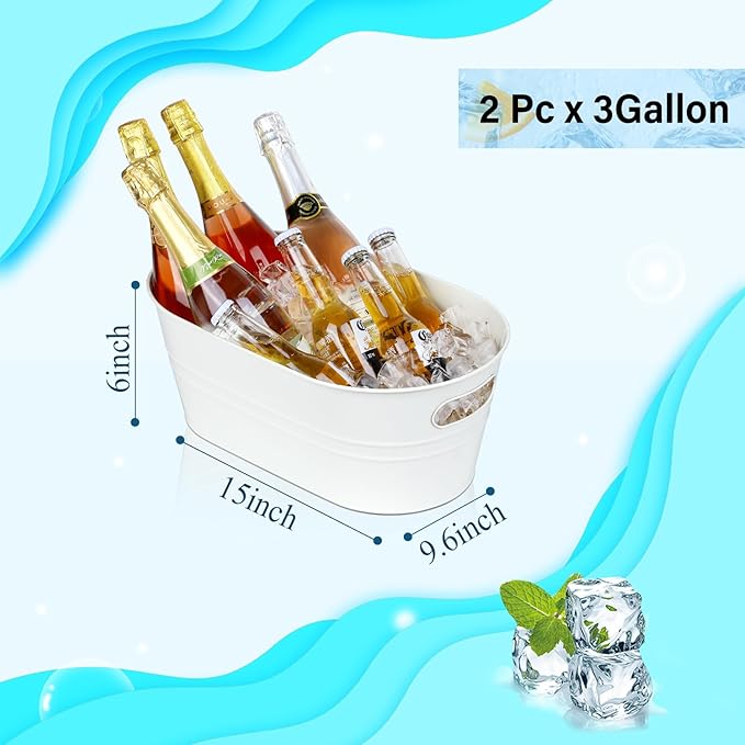 Galvanized Tub 2 Pcs 3 Gallon Metal Beverage Ice Buckets for Parties Drink Wine Beer Champagne Vintage Tin Large Buckets with Scoops for Cocktail Mimosa Bar Supplies (White)