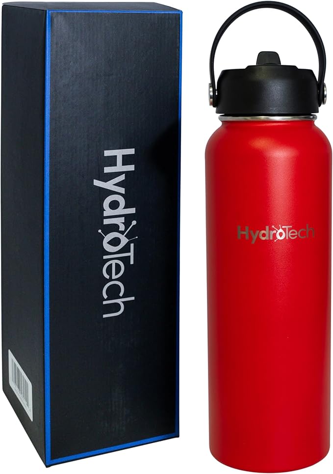 HydroTech Stainless Steel Leak Proof Water Bottle with Double Wall Insulation and 2 Lids (Straw Lid) - 40 OZ. (Red)