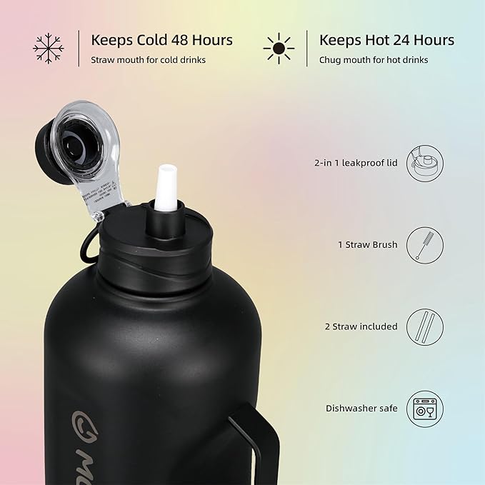 64oz Insulated Water Bottle With Handle, Stainless Steel Thermos With Straw, Water Bottle Holder With Strap, Half Gallon Water Jug, For Water, Iced Tea Or Coffee, On Gym,(Black)