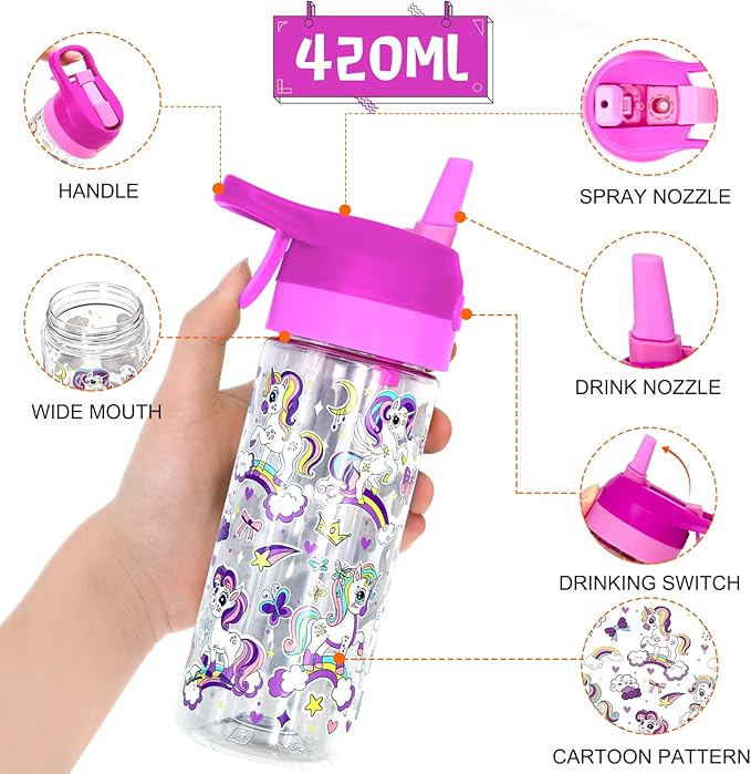 Kids Water Bottle with Spray Mist, 420ml Portable Kids Spray Drinking Bottle for Boys Girls School Cool Down and Hydrate