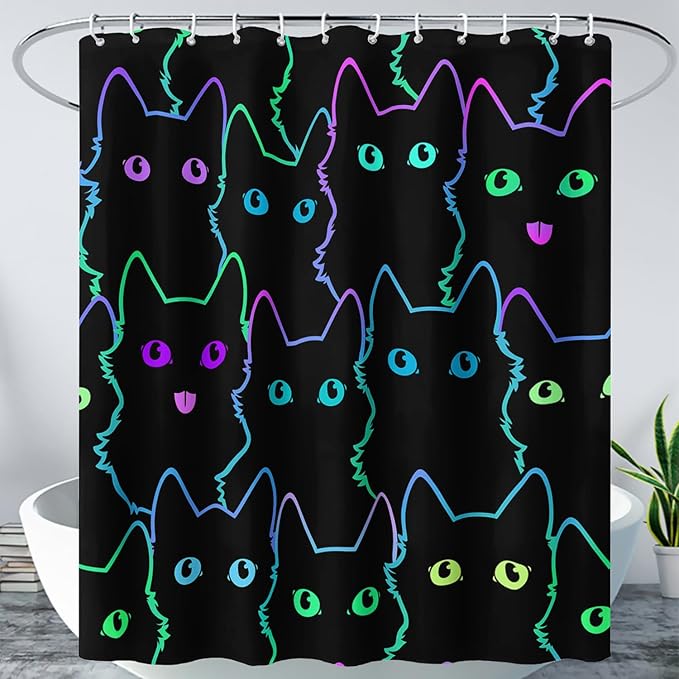 AILONEN Cute Cat Shower Curtain for Bathroom,Gradient Line Kawaii Kitten Bath Curtain for Kids Boys Girls,Color Cartoon Animal Polyester Waterproof with 12 Plastic Hooks 72" W*72" H