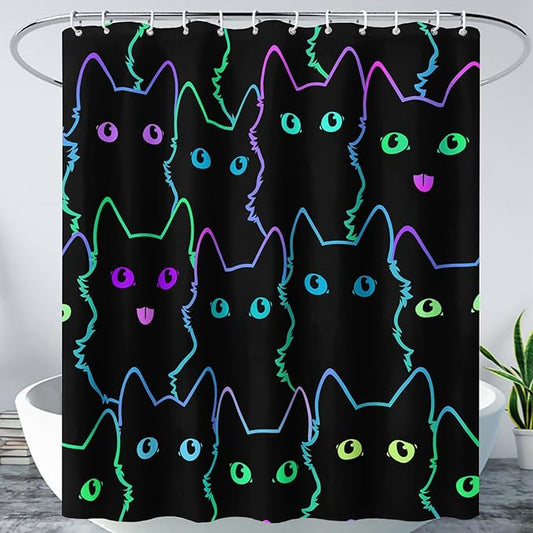 AILONEN Cute Cat Shower Curtain for Bathroom,Gradient Line Kawaii Kitten Bath Curtain for Kids Boys Girls,Color Cartoon Animal Polyester Waterproof with 12 Plastic Hooks 72" W*72" H