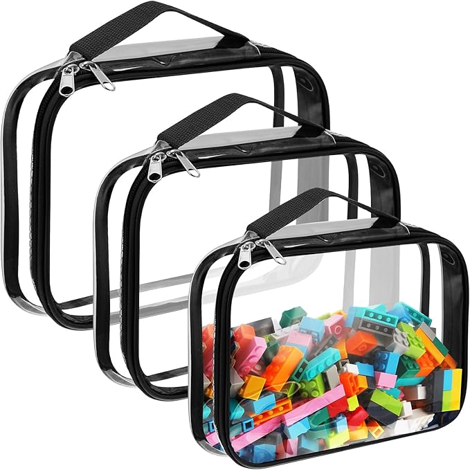 Sanwuta 3 Packs Toy Storage Bags with Zipper, Clear PVC Organizing Bags, Waterproof Toy Bags for Board Games, Building Blocks, Toys and Kids Books (Black,3 Sizes)