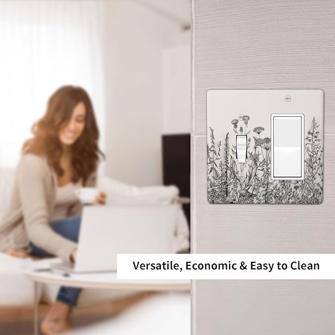 Vintage Grey Floral Herbs Wild Flowers Botanical 2 Gang Single Toggle Rocker Combination Boho Light Switch Covers Decorative Country Unique Wall Plate Cover Electrical Faceplate Switchplate