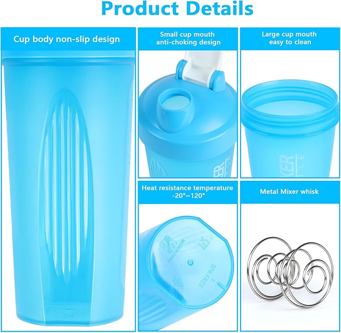 Shaker Bottle,600ml Classical Protein Shaker Cup with Mixing Ball for Smooth blending, Leak-Proof GYM Workout Water Bottles for protein& Smoothie Shake，Bpa Free (20oz / Blue)