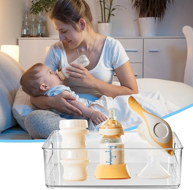 Plastic Baby Bottle Nursery and Food Organizer Storage Holder Bin with Handles for Closet, Cupboard, Cabinet, Drawers, Shelves Holds Canned Food, Bottles, Formula Ligne Collection, Clear
