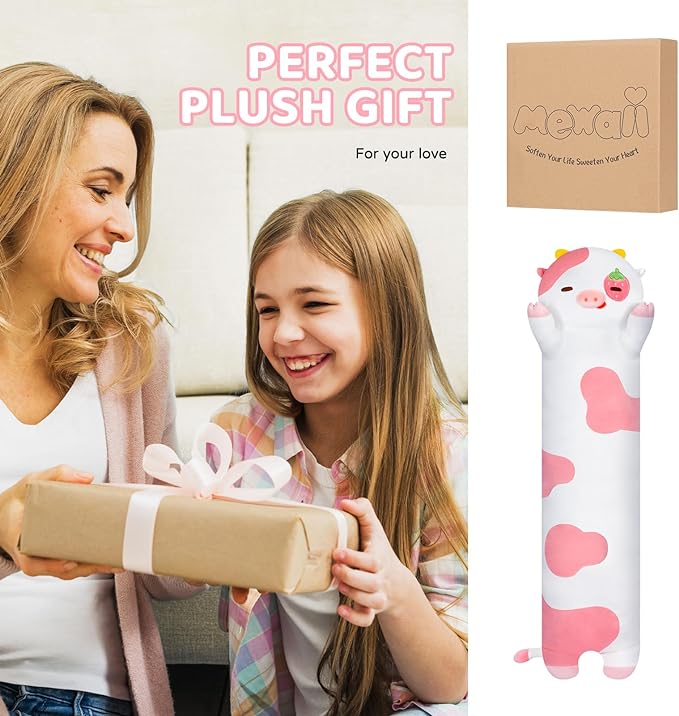 Long Cow Plush Kawaii Kids Plush Toy Pillows, Cute Cow Stuffed Animals Soft Plushies, Kitten Big Plush Toys Throw Body Pillow Doll Gift for Girls Boys (Strawberry Cow 44 Inch