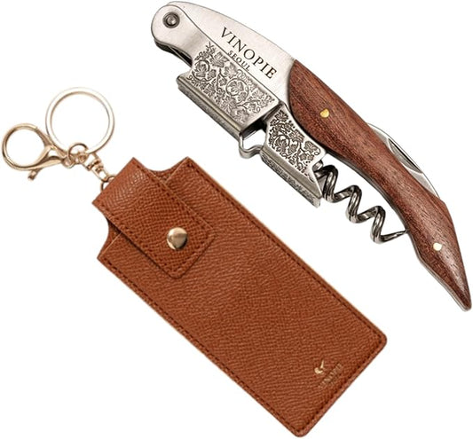 Professional Wood Grapevine Pattern Sommelier Knife With Camel Leather Wine Keyring with Ergonomic Wood Grip, Beer Bottle Opener Foil Cutter Waiters Corkscrew Wine Opener