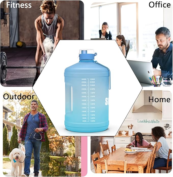 Gallon Big Water Bottle with Handle, 128oz Leakproof BPA Free Fitness Sports Water Bottle with Motivational Time Marker & Wide Mouth Ensure You Drink More Water