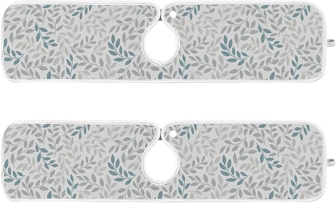 Gray and Blue Leaves Branches Faucet Water Catcher Mat 2 Pack Botanical Herbs Flowers Drying Mat Absorbent Bathroom Faucet Handle Drip Catcher Tray Bar RV Kitchen Sink Splash Guard 23x5 Inches