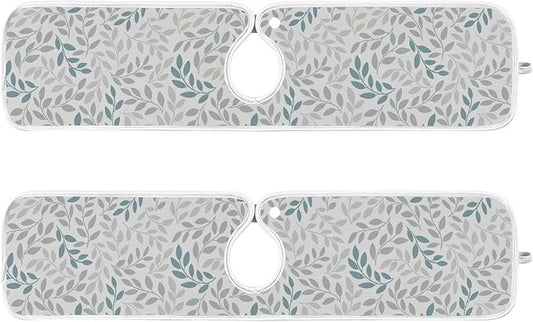 Gray and Blue Leaves Branches Faucet Water Catcher Mat 2 Pack Botanical Herbs Flowers Drying Mat Absorbent Bathroom Faucet Handle Drip Catcher Tray Bar RV Kitchen Sink Splash Guard 23x5 Inches