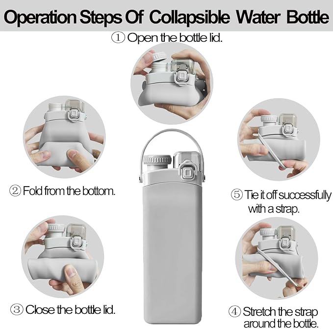 THAIOXYH® Collapsible Water Bottle 20 oz（600ml） Silicone BPA Free Reuseable Lightweight Foldable Water Bottles for Traveling Running Hiking Camping Sports (Grey)