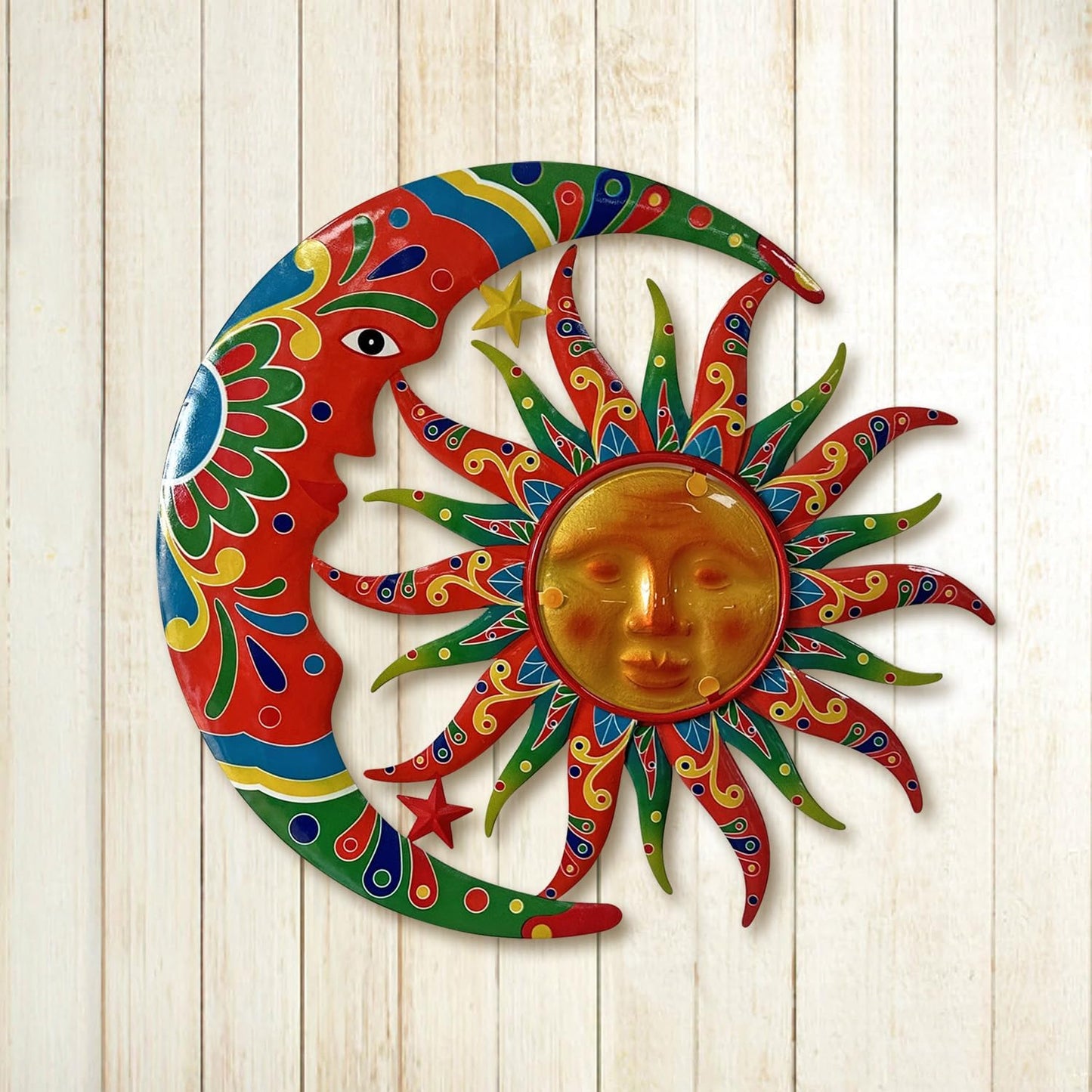 Limygus Sun and Moon Wall Decorations for Outdoor, Colorufl Metal Sun Wall Art Decor with Moon & Stars Perfect for Patio, Garden, Yard, Living Room, Bedroom