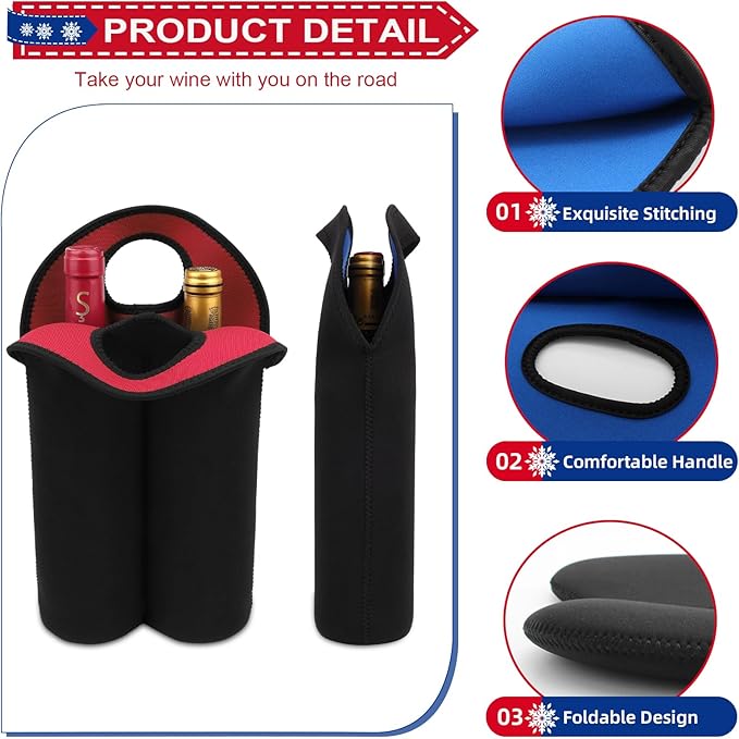 Desing Wish 2-Bottle Set Wine Carrier Tote Bag for 750ml Red/White Wine Bottles, Insulated Neoprene Wine Cooler Bag Wine Gift Bags for Gift/Picnic/Party/Beach/Christmas - Red