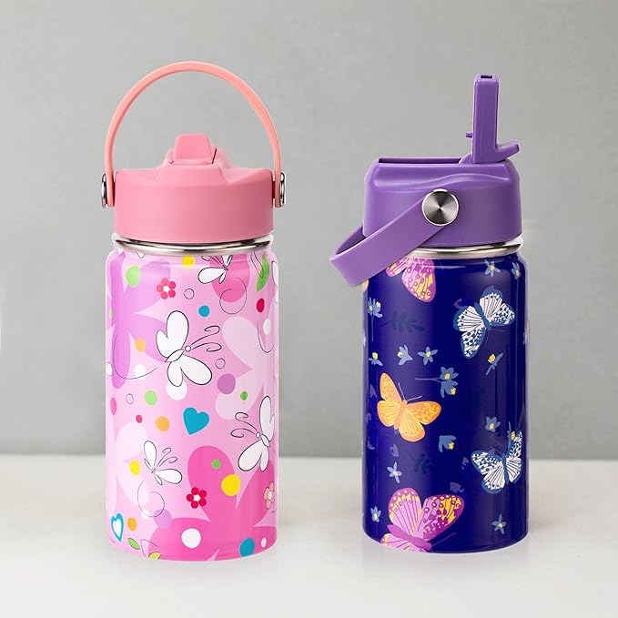 Kids Insulated Water Bottle, 2 Pack 12oz Butterflies Water Bottles Bulk with Flip Straw & Big Handle, Gifts for Kids Girls to School Travel Sports, Hands Wash Only, Purple & Pink