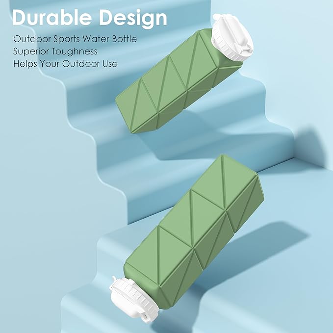 Collapsible Water Bottles 20.7oz Leakproof with Straw Lid Food-Grade BPA-Free Silicone Travel Foldable Water Bottles for Sports Office Gym Hiking Driving 610ML (Type2 Army Green)